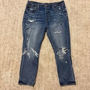 American Eagle Jeans Womens 14 Short Blue Hi Rise Girlfriend  Distressed Denim